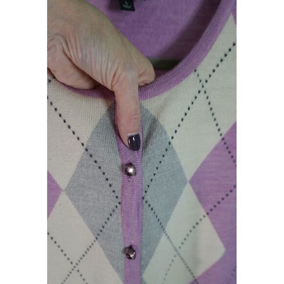 Vintage Talbots LP Argyle Button up Cardigan Italian Merino Wool Violet Cream - Picture 4 of 6
